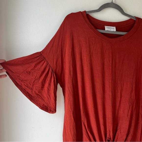 Emelia Oversized Tie Front Flutter Sleeve Top Rust Red Small Made in USA Modal - Picture 3 of 11